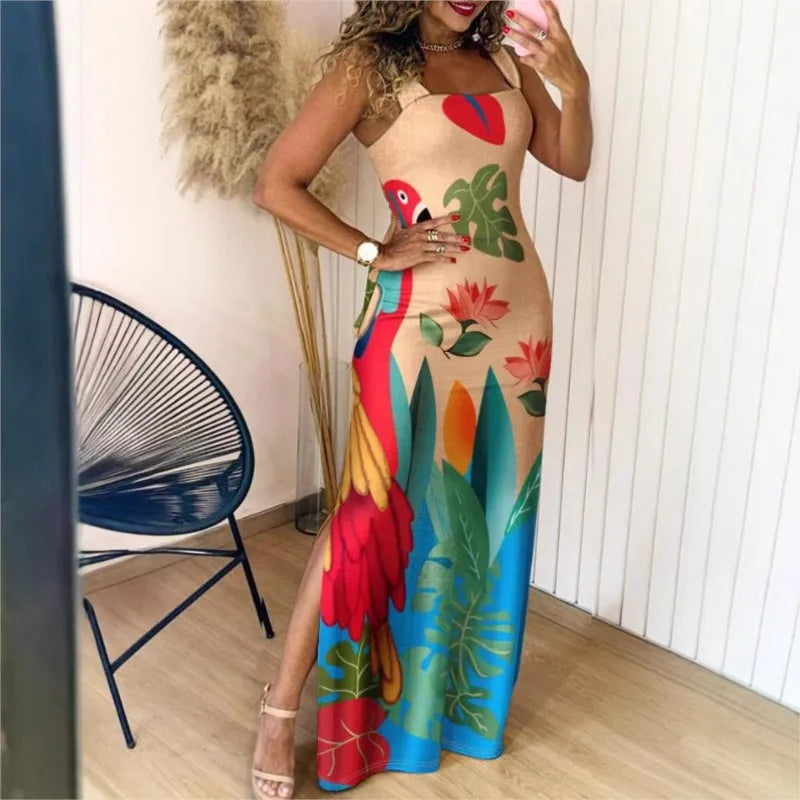 Boho Womens Summer Dress Retro Print Casual Slim Slit Square Neck Sleeveless Strappy Elegant Tank Dresses For Women Robe